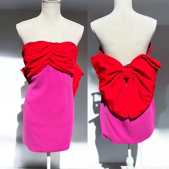 🌻Toccin Red & Pink Draped Bow Mini Cocktail Night our Formal Dress Size 14 - Picture 2 of 14